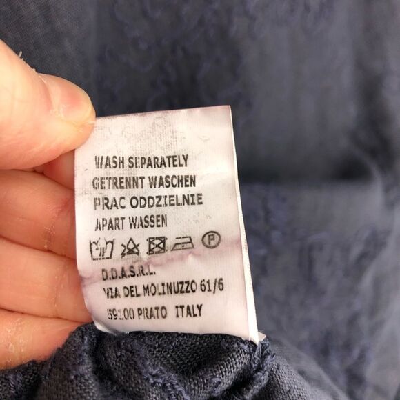 Lina Tomei Embroidered Top Womens Large Blue 100% Linen Floral Roll Tab Sleeves - Picture 8 of 13